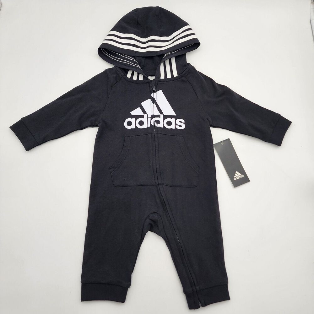 Adidas Black One Piece Outfit Jumpsuit Zip Hooded Baby Boy/Girl 6 Months NWT